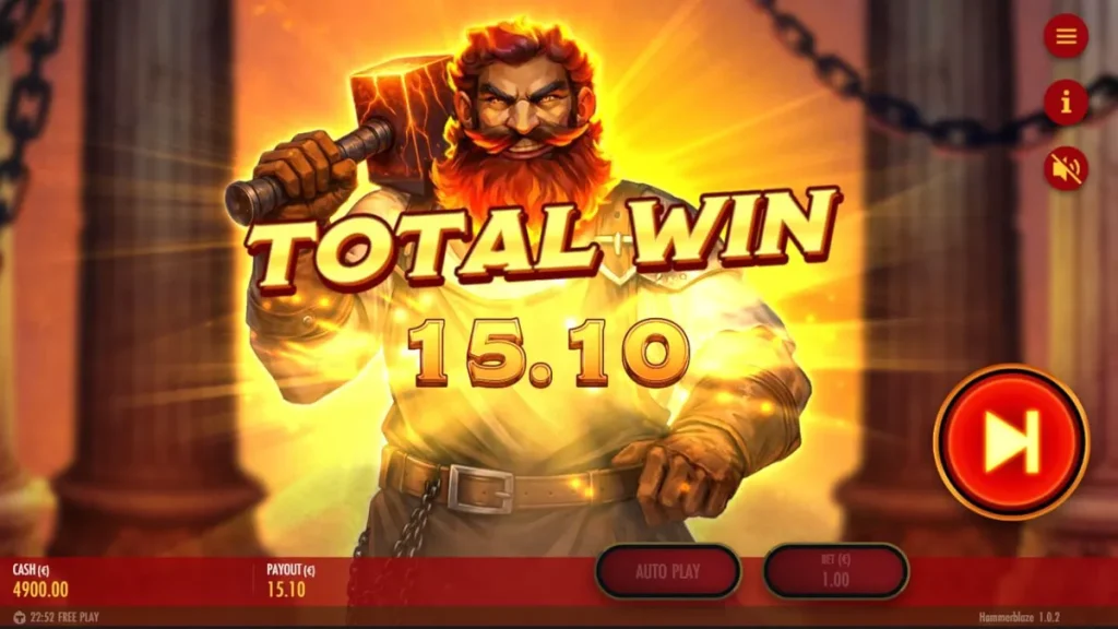 Tampilan visual slot Hammerblaze dengan tema bengkel pandai besi dewa Yunani