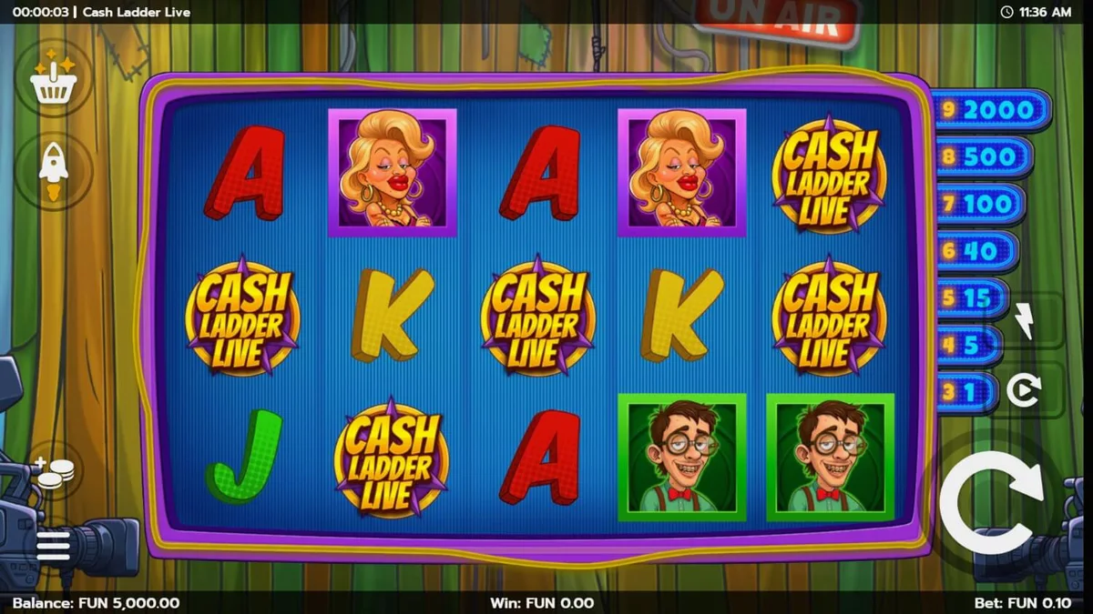 Tampilan visual slot Cash Ladder Live dengan tema studio televisi dan tangga hadiah.
