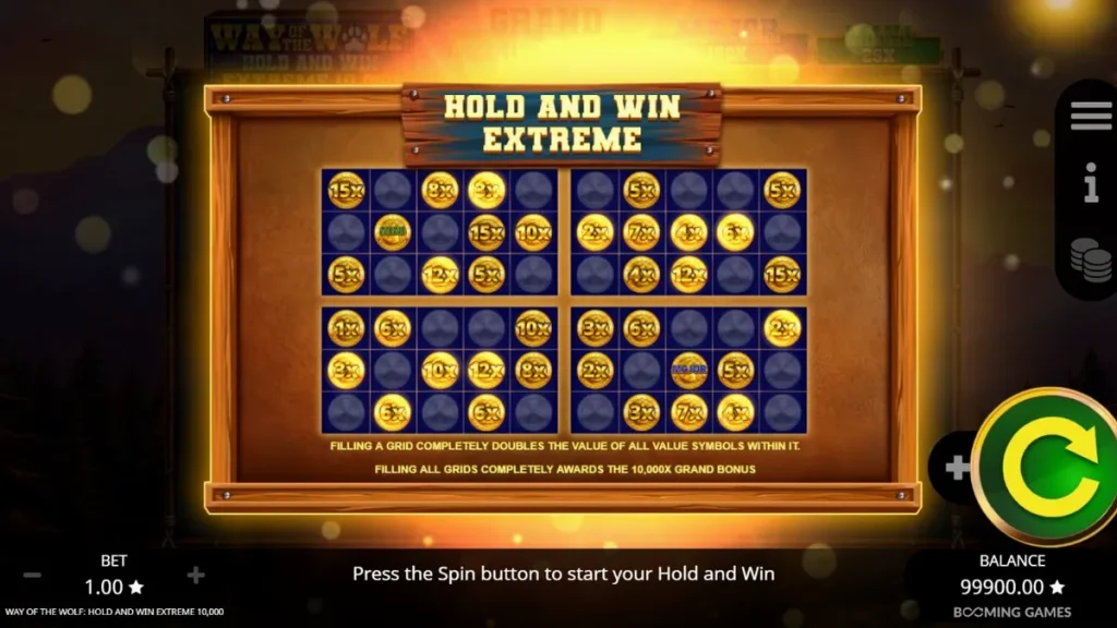 Visual atmosferik dari slot Way of the Wolf Hold and Win Extreme 10,000 dengan latar belakang hutan malam.