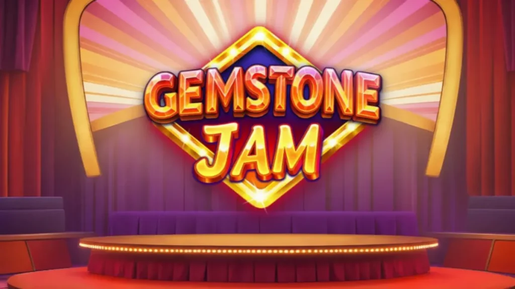 Tampilan visual slot Gemstone Jam dengan simbol permata dan desain panggung TV yang mewah.