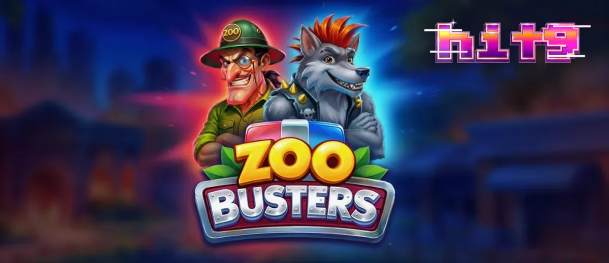 Tampilan antarmuka game slot Zoo Busters di layar ponsel pintar dengan grafis punk-rock yang cerah.