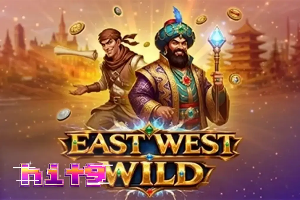Tampilan visual slot East West Wild dengan latar belakang gurun dan kuil kuno